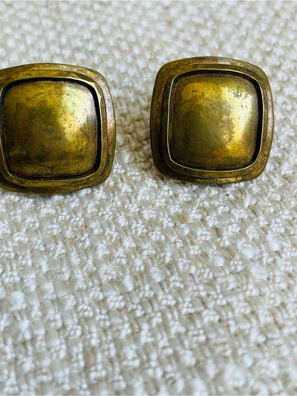 Vintage Marjorie Baer Brass Tone Square Pierced Omega Back Earrings 1"